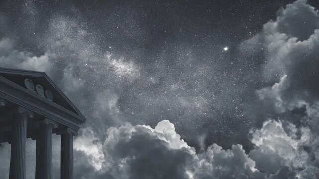 A classical building's facade gazes at a star-studded night sky with billowing clouds