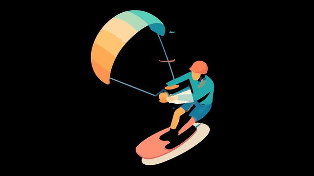 Kitesurfer riding a board with a colorful kite in the sky