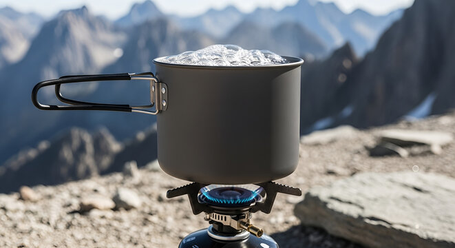 Macro shot: modern titanium camping pot boils vigorously on a high-tech gas stove atop a mountain ridge. Ideal for outdoor gear marketing, adventure travel, camping editorials, hiking guides,