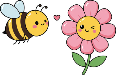 Obraz premium Cute cartoon bee flying towards a happy pink flower with a small heart, simple vector illustration for kids