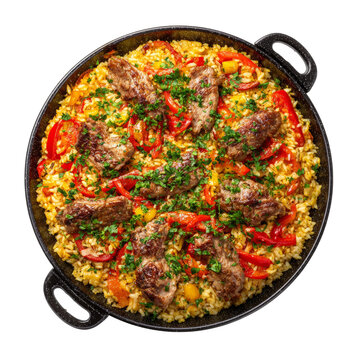 An overhead view of a delicious paella, showcasing a medley of ingredients and flavors. The vibrant dish is a feast for the eyes and a promise of delightful dining Isolated Transparent Background, PNG