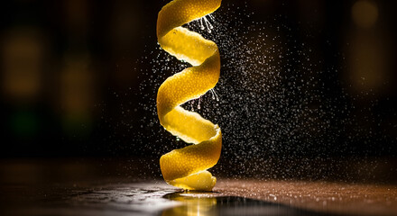 Obraz premium Extreme macro lemon peel twist, bursting aromatic oils in slow motion. Glowing droplets caught in warm, low-key bar light, emphasizing sensory essence. Perfect for cocktail menus,