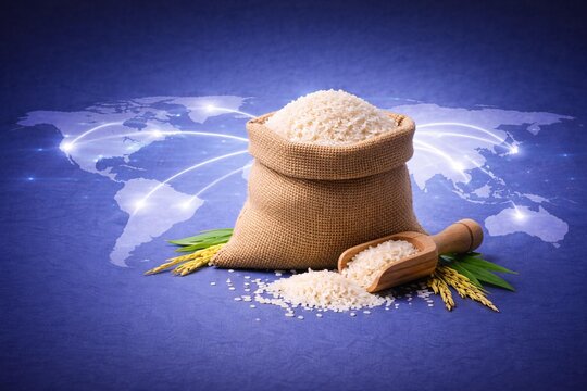 Global Agro Export Concept with Rice Sack and World Map Background