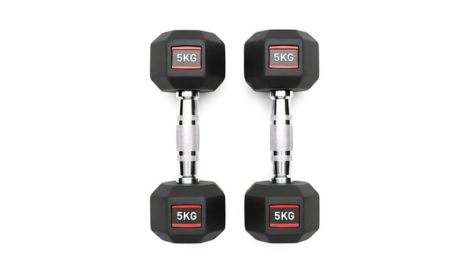 A pair of 5kg hexagonal rubber-coated dumbbells with chrome handles stands upright on a clean white background.