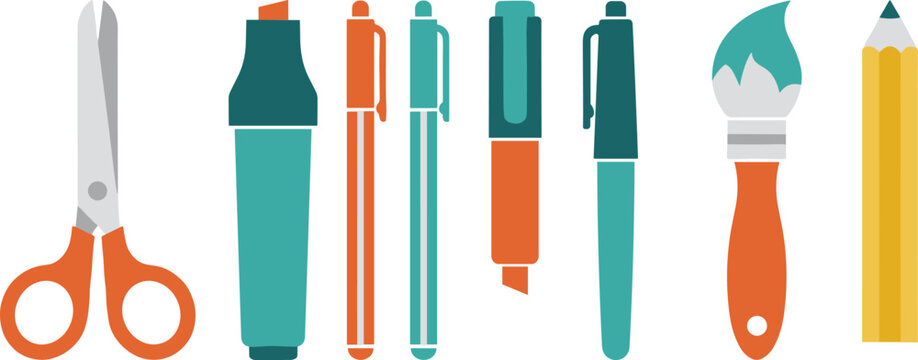 Modern office and creative tool set with scissors pens highlighter paintbrush and pencil in flat vector style