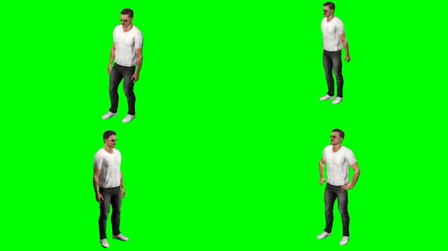 young casual man guy is running jumping slipping and standing on green screen chromakey background for 3D animated cartoonnimation. Superb for neat video projects and multimedia clips.