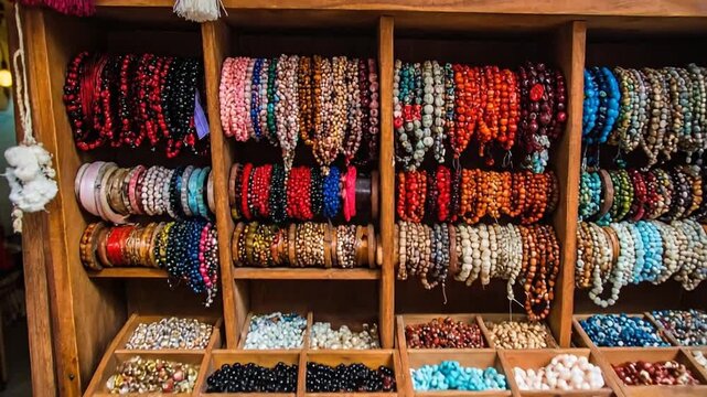 A vibrant display of colorful beaded bracelets and necklaces arranged in a wooden display case.