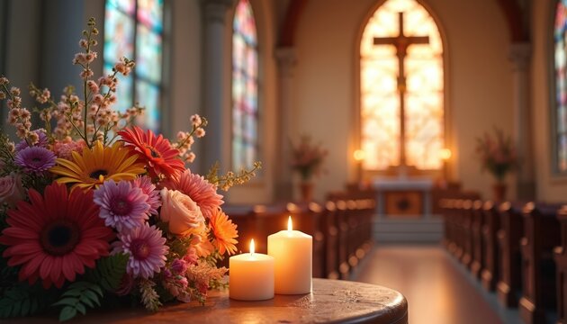 Candlelit church altar with floral arrangement, two lit candles on table. Stained glass windows, crucifix visible in background. Religious setting for ceremony or wedding.