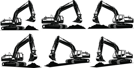 Excavator Silhouette Set Vector Illustration Heavy Construction Machinery with Hydraulic Arm Bucket Black and White Collection © MstMorshida