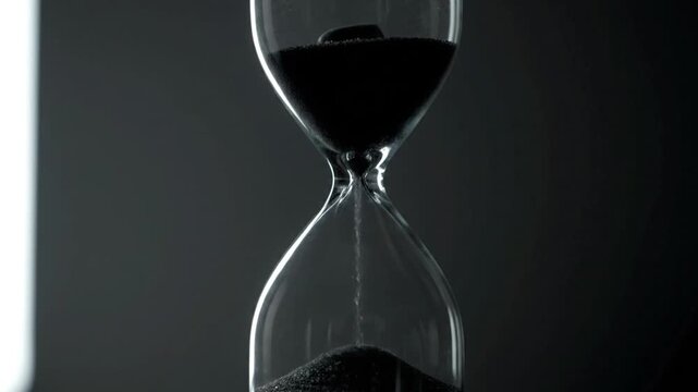 Black sand steadily flows through a multi-chambered hourglass in a dramatic, high-contrast, low-key visual sequence, emphasizing the relentless, constant passage of time.