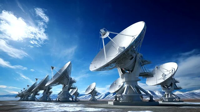 Array of Satellite Dishes Under a Blue Sky for Communication.