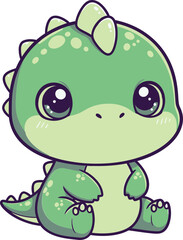Cute baby green dinosaur cartoon character sitting, kawaii style illustration