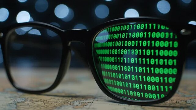 Black-rimmed glasses rest on a map. Over 8 seconds, the right lens displays a continuous, flowing stream of bright green binary code (zeros and ones), symbolizing constant data processing and digital