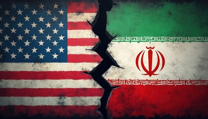 USA and Iran flags are split by a deep crack. Symbol of division and conflict between nations. World politics and international relations issue.