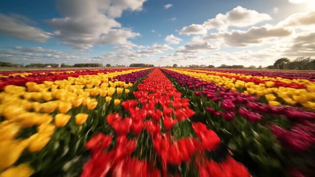 Vibrant Tulip Field Stretches to the Horizon Under Sunny Sky