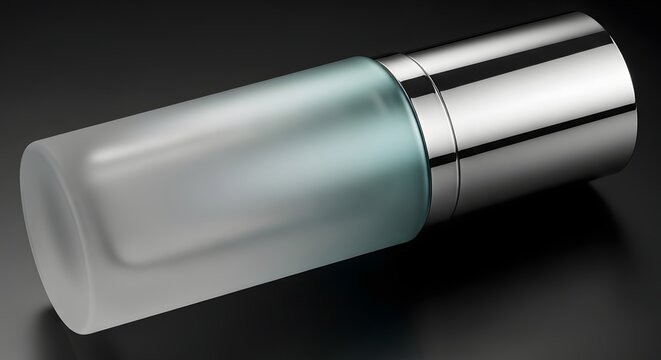 A sleek frosted glass cosmetic pump bottle with a polished silver metallic cap is displayed