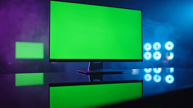 Green screen monitor display in dark room with blue and purple lighting