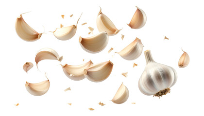 Fototapeta premium Cloves and a head of a pungent, aromatic bulb appear to float in a dark void