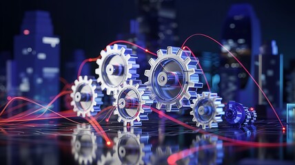 Fototapeta premium Gears and cogs interlocked in complex system, symbolizing mechanical engineering, industry, teamwork, and technological advancement in futuristic cityscape background