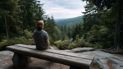 Fototapeta premium A person sitting on a wooden bench enjoys a scenic view of a dense forest landscape