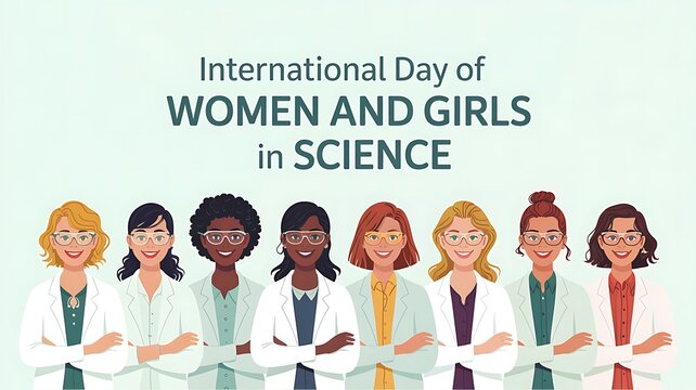 International day of women and girls in science illustration featuring diverse female scientists in lab coats with smiles promoting equality and education