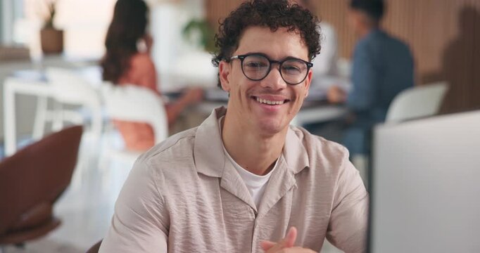 Face, computer and happy business man in office, creative and journalist with glasses. Portrait, smile and professional worker with tech, specs or confident reporter with career pride while coworking