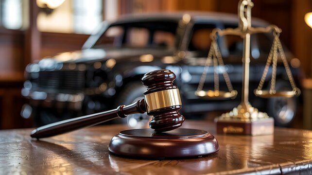 close up of a wooden gavel and scales of justice on polished wood desk in front of vintage car, symbolizing legal proceedings and car accident litigation, court room setting