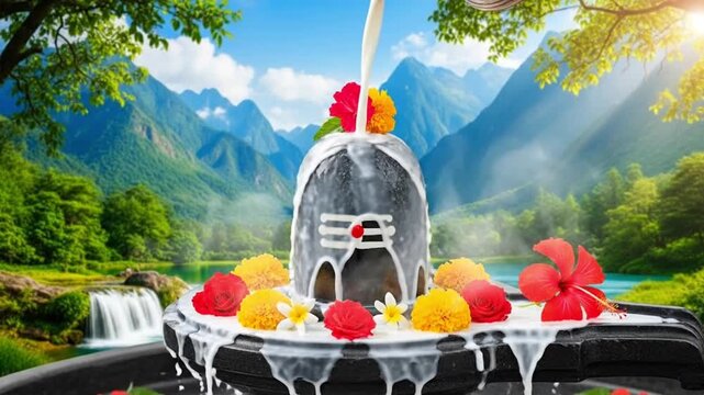Divine Shivling Darshan in Himalayan Nature, Peaceful Mahadev Abhishek Scene with Waterfall, Spiritual Morning Prayer Video for Meditation and Positive Energy