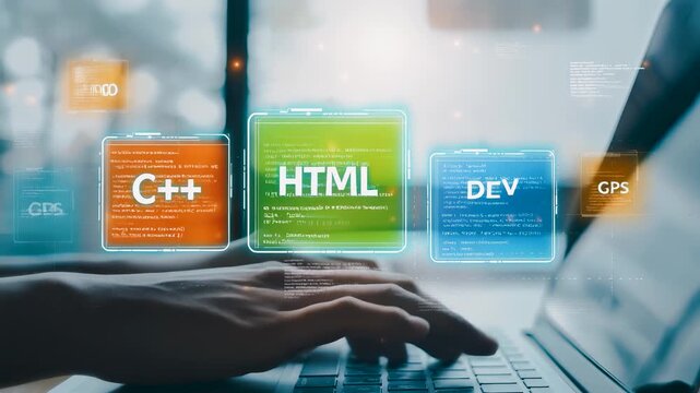 Developer hand with digital coding panel object performing programming action for software development using code language technology and system interface management.