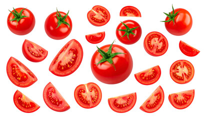Fototapeta premium Assortment of ripe red tomatoes, whole and sliced, against a dark background