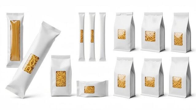 Assorted Pasta and Snack Packaging Mockups on White Background spaghetti macaroni