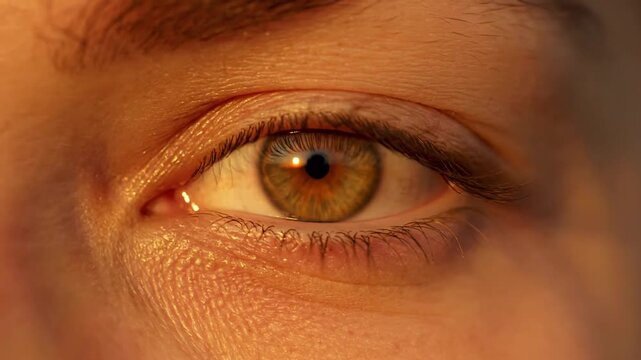 A macro shot sequence captures a hazel eye slowly opening from closed rest to fully visible, intensely illuminated by warm, golden light, focusing on the intricate details of the iris and skin.