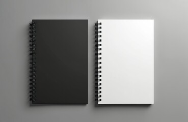 Two spiral bound notebooks, one black, one white, lay open flat on a grey surface. These blank books await ideas, writing, planning, or study notes.