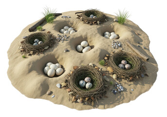 Desert landscape with numerous nests containing eggs and sparse vegetation transparent background