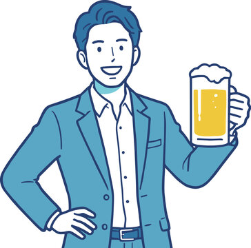 ビールで乾杯ポーズのビジネスマン 上半身の人物イラスト