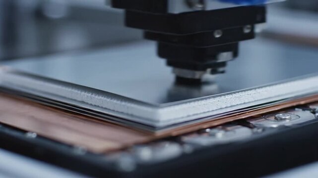 Automated manufacturing process where a precision machine arm descends, pressing a layered component (likely a battery or semiconductor), causing the top white layer to recede and reveal a glossy, me
