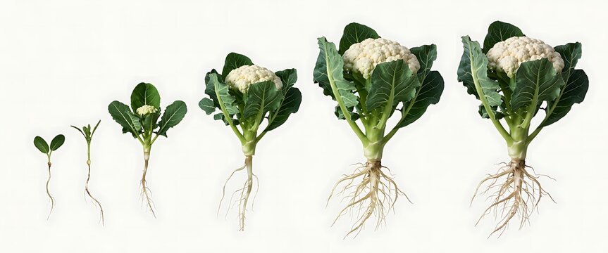 Cauliflower plant growth stages from seedling to mature vegetable with developing roots and fully formed head in sequence
