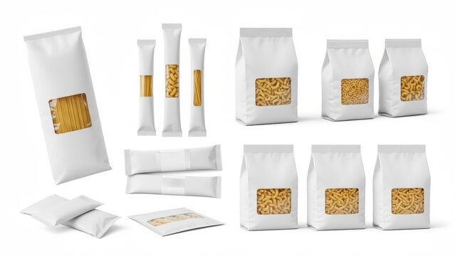 Assortment of White Packaging Bags and Pouches with Pasta food packaging white bag