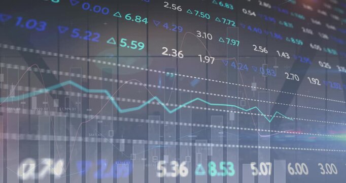 Animation of financial data processing and stock market over empty office