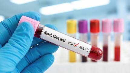 Fototapeta premium laboratory technician holding nipah virus test tube marked negative in clinical diagnostic lab with colorful blood sample vials in background
