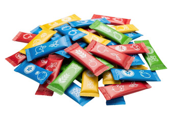 Colorful sweetener packets pile high for a delicious sweetening experience transparent background
