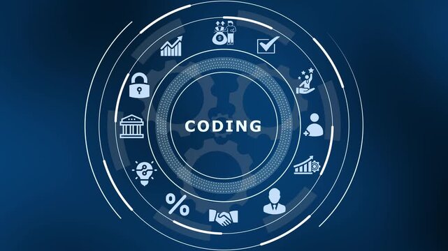 Coding concept with circular digital interface, software development icons, secure system integration and programming technology background.