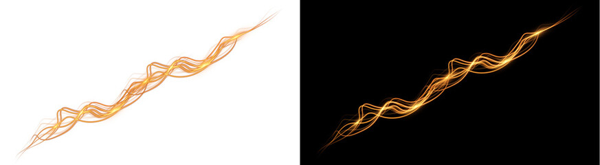 PNG image of Striking golden light trails form a dynamic, glowing, abstract energy wave moving diagonally upwards on transparent background © MariaAlam
