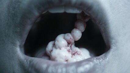 Obraz premium Tonsil cancer is a malignant tumor that forms in the tissues of the tonsils, often associated with HPV infection, smoking, and alcohol use. Common symptoms include sore throat, ear pain, difficulty sw