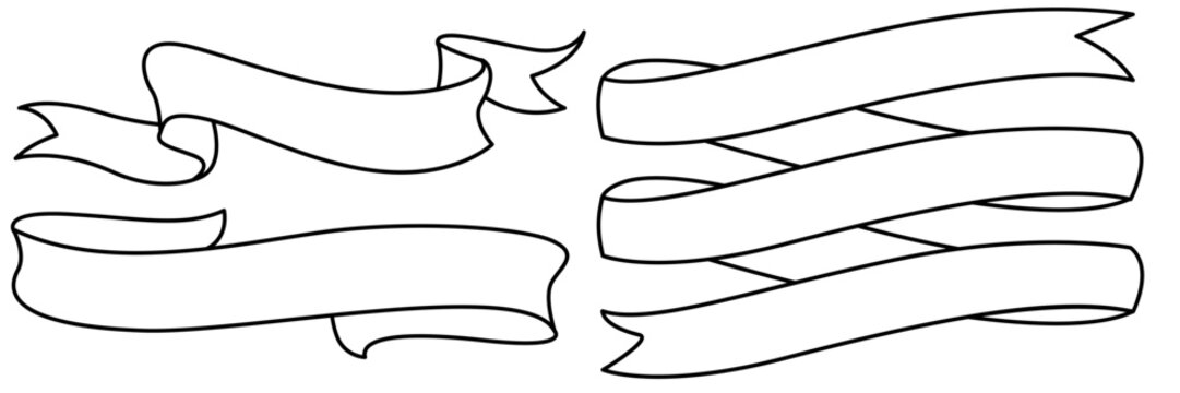 Set of hand drawn ribbon banners in line art style. Outline decorative scroll elements isolated on white background for badges, labels, logos and vintage design.