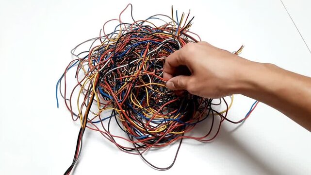 A hand repeatedly tries to untangle a massive, chaotic knot of multicolored electrical wires on a white surface, struggling to separate the intertwined electronic cables and resolve the complex jumbl
