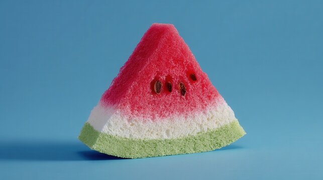 Refreshing marshmallow watermelon slice on a serene blue background.