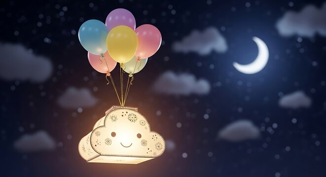 Smiling cloud with colorful balloons night.