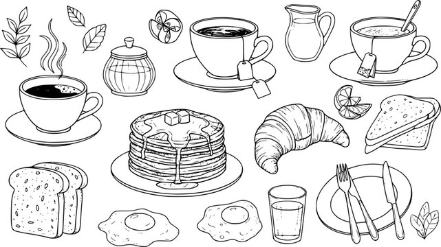 Hand drawn breakfast. Morning food meal. Sketch chalk brunch elements, doodle fresh food and drinks, coffee, tea, croissants, pancakes, eggs, toast. Cafe menu vector set 
