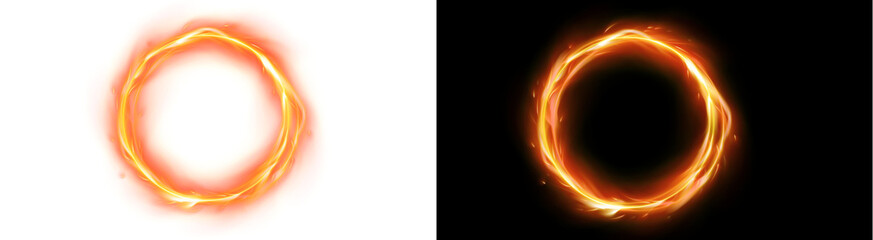 PNG image of Collection of two dynamic abstract fiery orange glowing rings featuring swirling light effects and bright energy bursts on transparent background © MariaAlam
